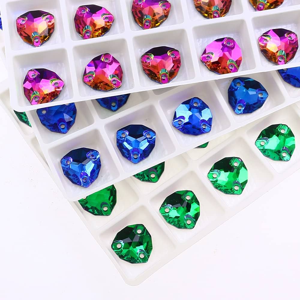 Triangle Crystal Ab Sew On Rhinestones, Flat Back Rhinestone Sewing Beads with Holes for Clothes Dress Crafts Shoes DIY Decorations Mixed Size