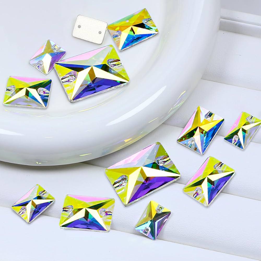 Crystal AB Rectangle Sew-On Rhinestones – Flatback Gems with Holes