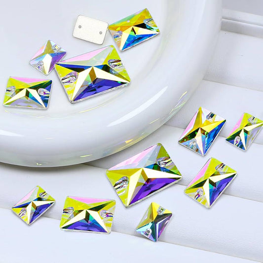 Crystal AB Rectangle Sew-On Rhinestones – Flatback Gems with Holes