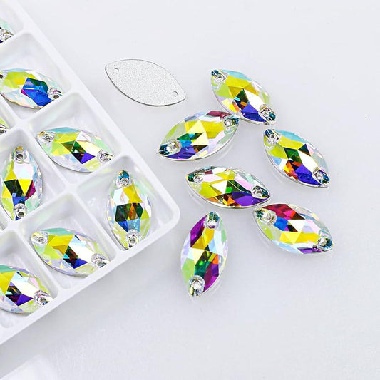Navette Shape AB Sew-On Rhinestones – Flatback Glass Crystals with Holes