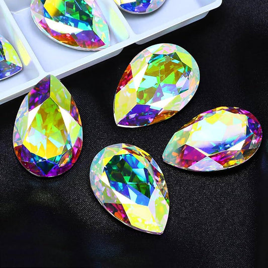 Crystal AB Drop-Shaped Pointback Rhinestones – Large Faceted Glass Beads
