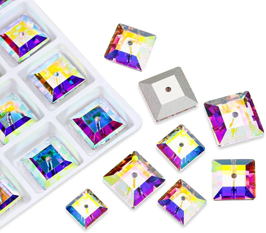 Square Crystal AB Sew-On Rhinestones – Flatback Sewing Beads with Holes